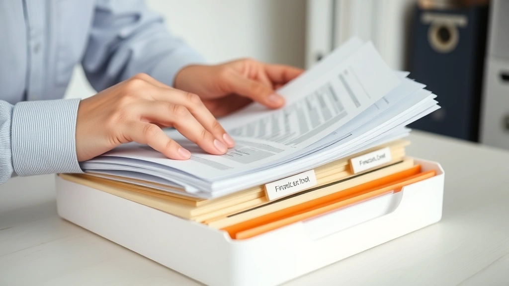 tax day meme - 
Close-up of hands organizing financial documents into labeled folders, neutral 