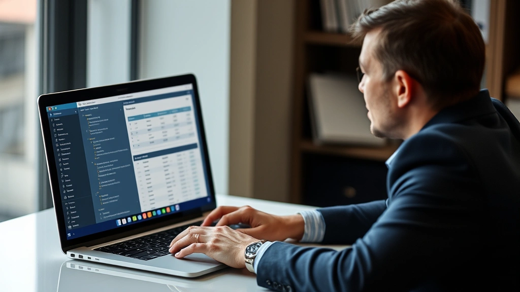 tax director -
Tax director using laptop with tax software interface, showing automation and d