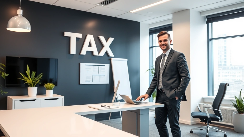 tax director -
Modern office environment with tax director at standing desk, professional appe