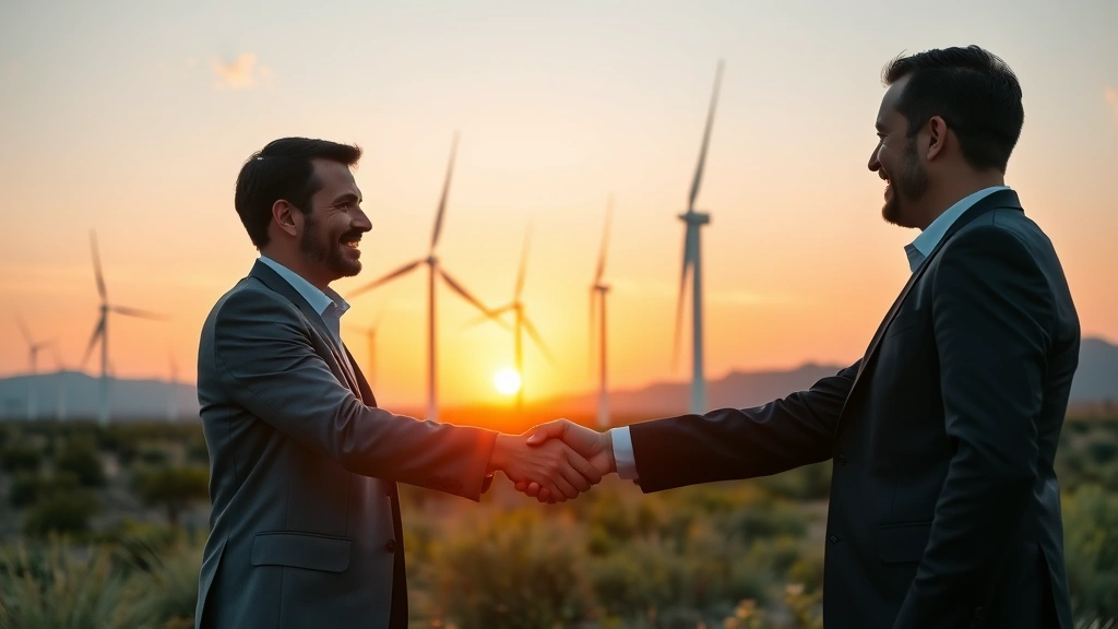 tax equity -
Handshake between business partners in front of renewable energy wind turbines