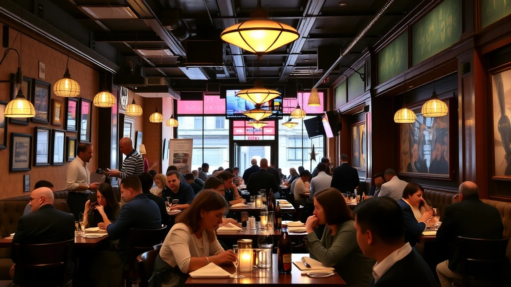 tax food nyc - 
Busy NYC restaurant interior with diverse diners at tables
