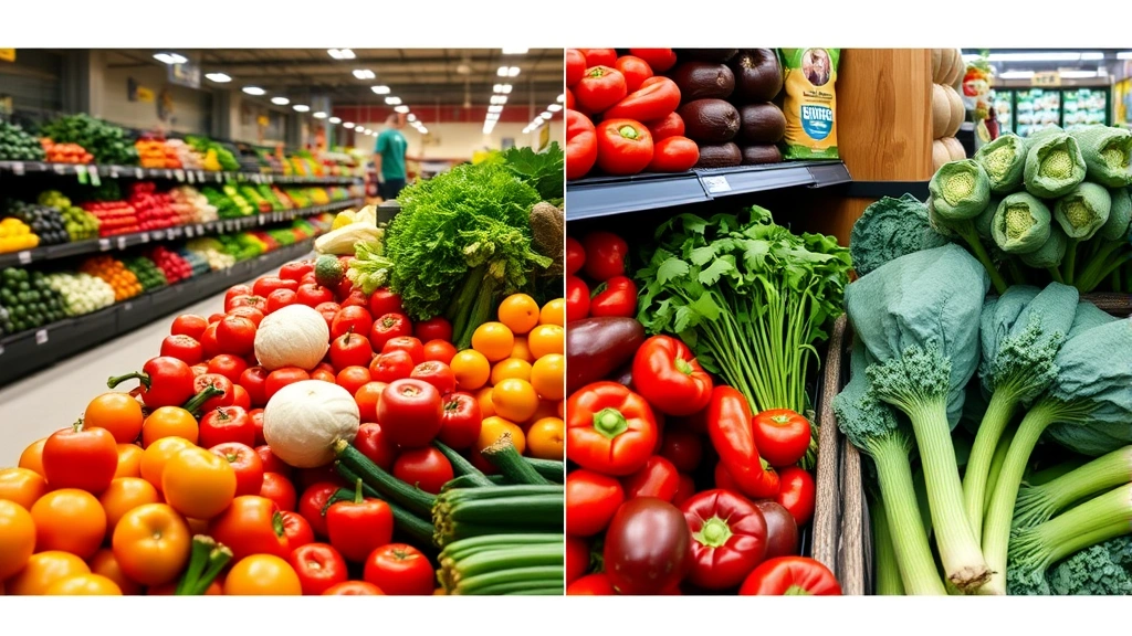 tax food nyc - 
Split-screen comparison: left side shows grocery store produce section with fre