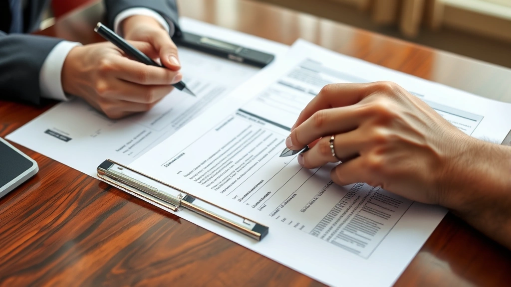 tax lawyer income - 
Close-up of hands reviewing tax forms and contracts with pen and coffee cup on 
