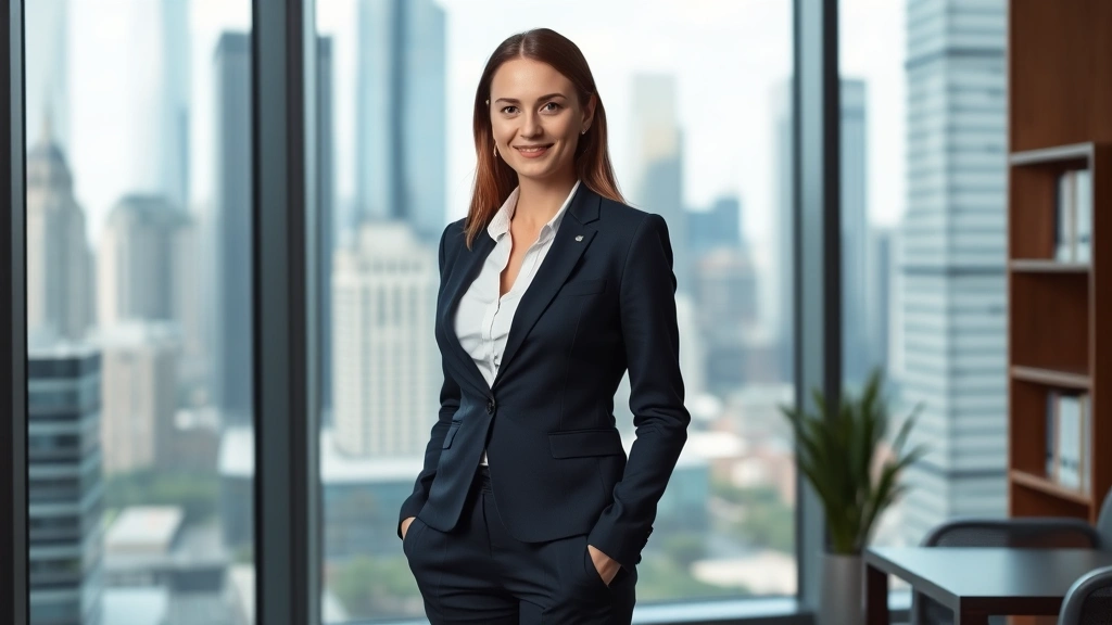 tax lawyer income - 
Female tax attorney in professional suit standing confidently in modern law fir