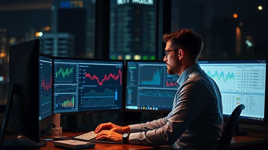tax lawyer income - 
Tax lawyer working late at desk with multiple monitors displaying financial dat
