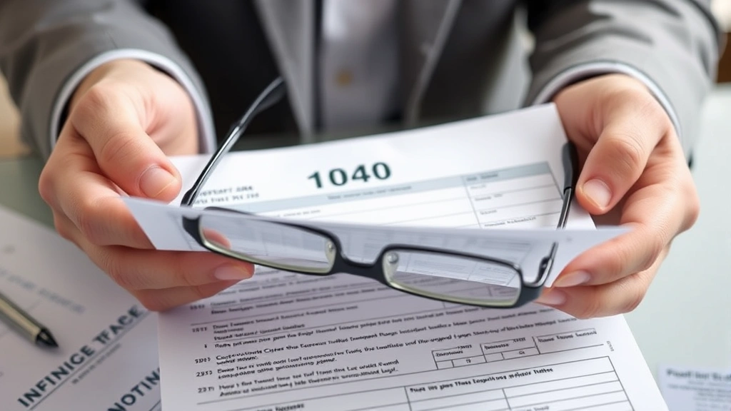 tax margin 2016 -
Close-up of hands holding Form 1040 tax return with reading glasses and pen