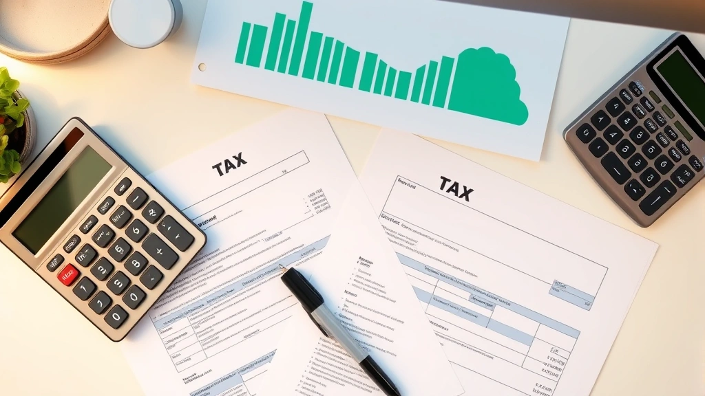 tax shoppe -
Overhead view of organized tax documents, calculator, and pen on clean desk wit