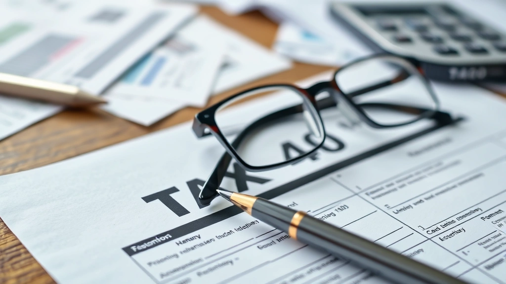 taxes clipart - 
Close-up of tax form 1040 with pen and reading glasses on wooden desk, scattere