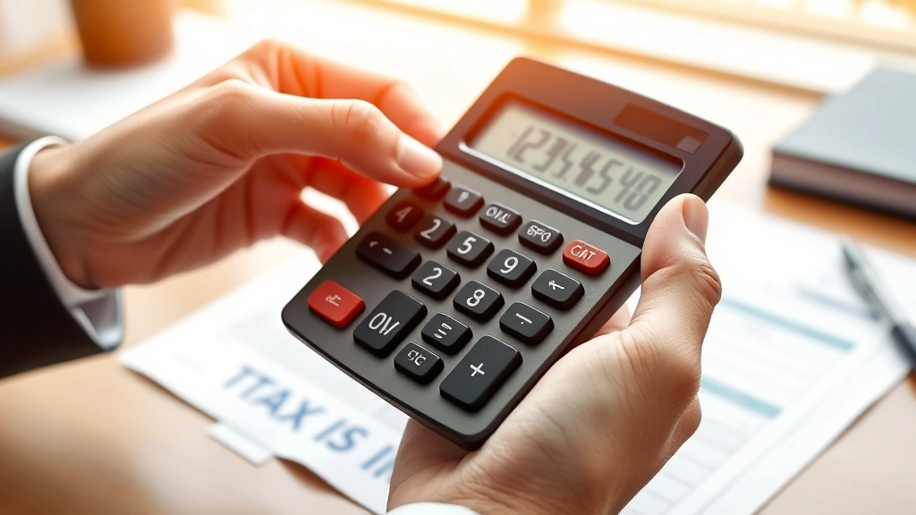 taxes clipart - 
Hands holding calculator with paycheck stub and tax documents, warm office ligh