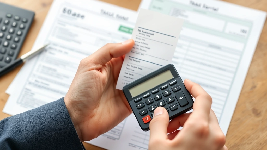 taxes drawing -
Close-up of person’s hands holding paycheck stub with calculator and tax