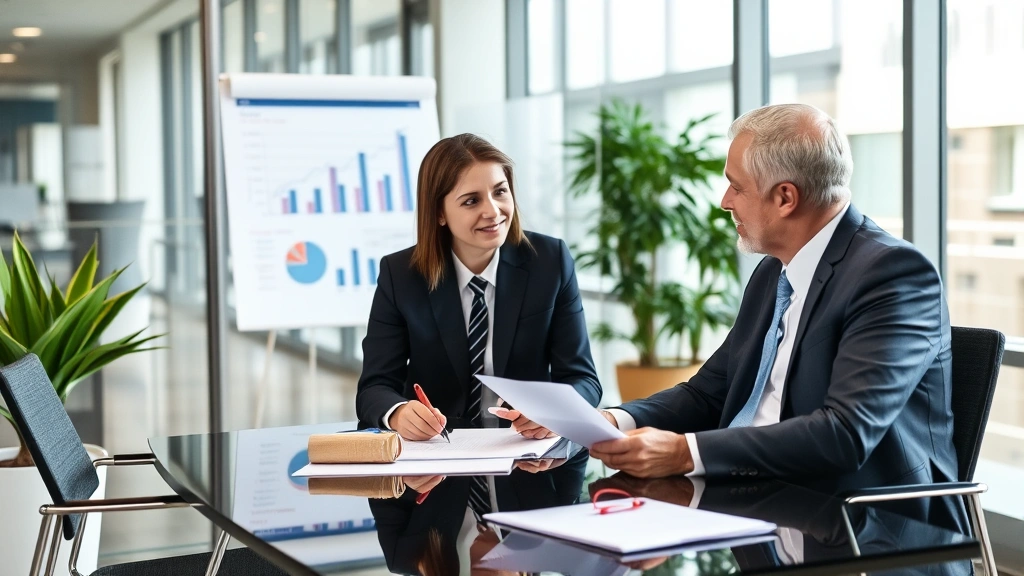 taxes drawing -
Modern office setting with financial advisor and client discussing tax strategy