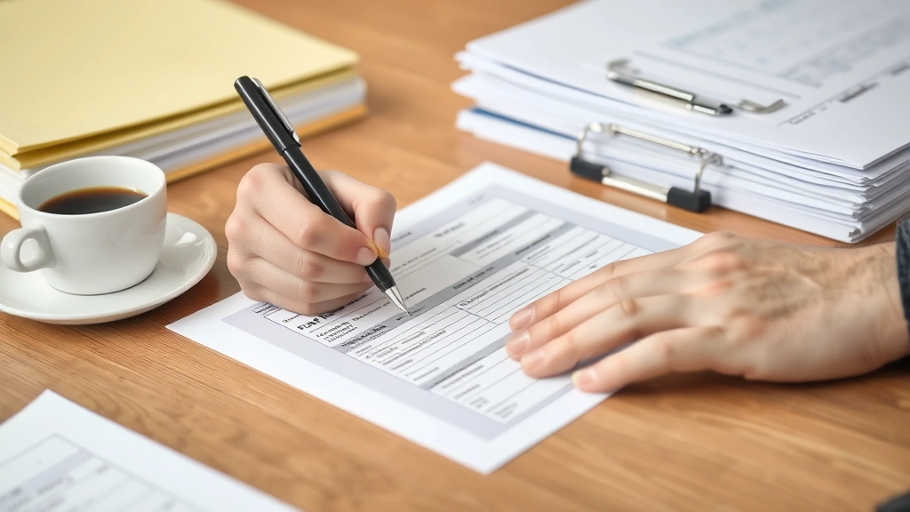 taxes quotes - 
Close-up of person signing tax return form with pen, organized file folders and