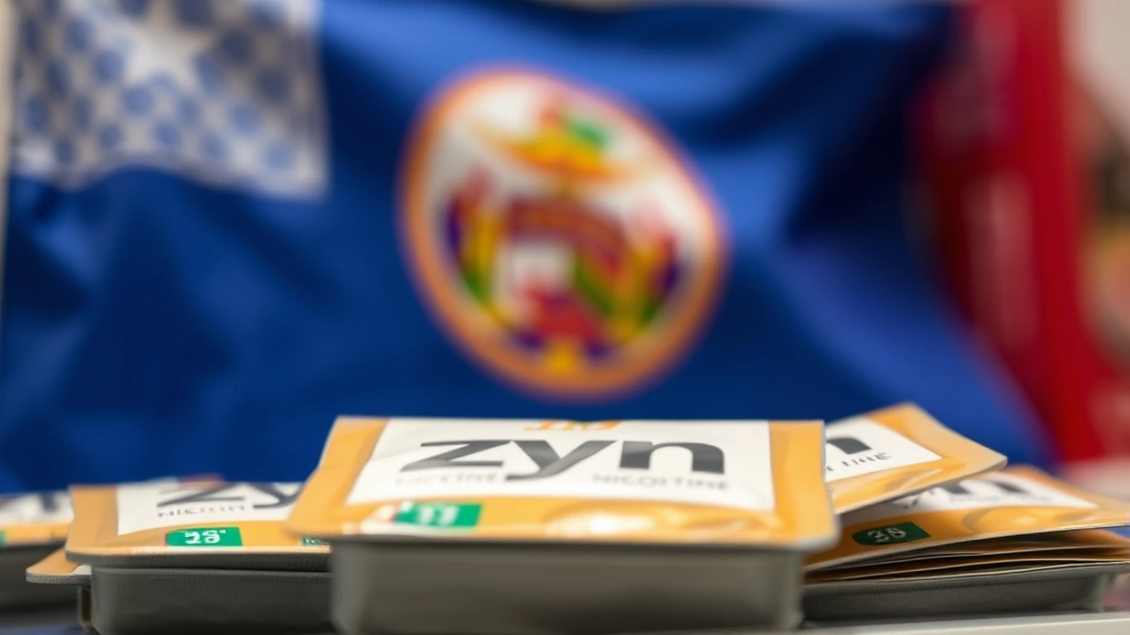 tim walz zyn tax - 
Close-up of nicotine pouches Zyn tin with Minnesota state flag in soft focus ba