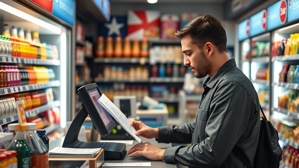 tim walz zyn tax - 
Business owner at convenience store counter with point-of-sale system, checking
