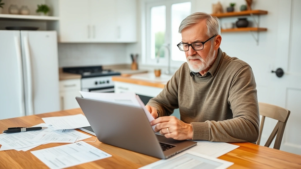 town of amherst taxes - 
Mature homeowner reviewing property tax bill at kitchen table with laptop and d