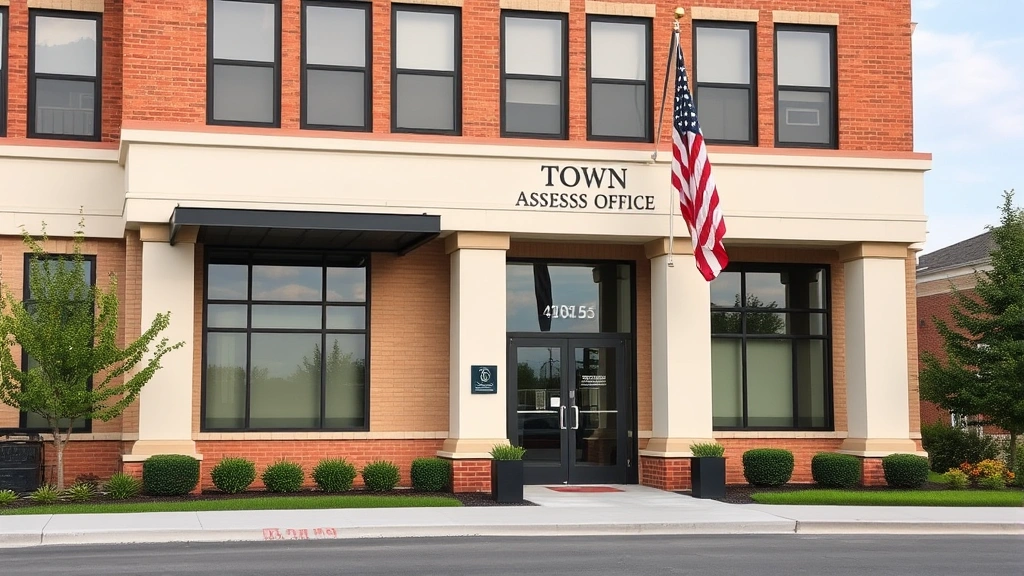 town of amherst taxes - 
Town assessor’s office building exterior with American flag, modern munic