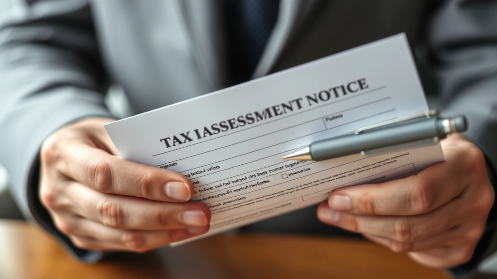 town of amherst taxes - 
Close-up of hands holding property deed and tax assessment notice with pen for 