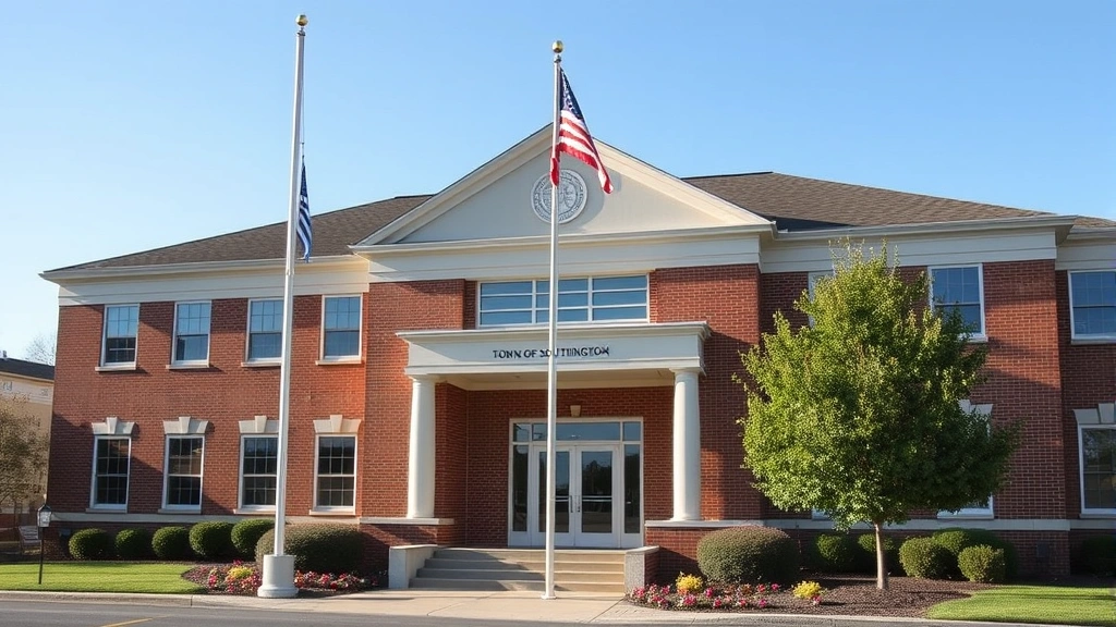 town of southington tax collector - 
Town of Southington municipal building exterior with flagpole, professional gov