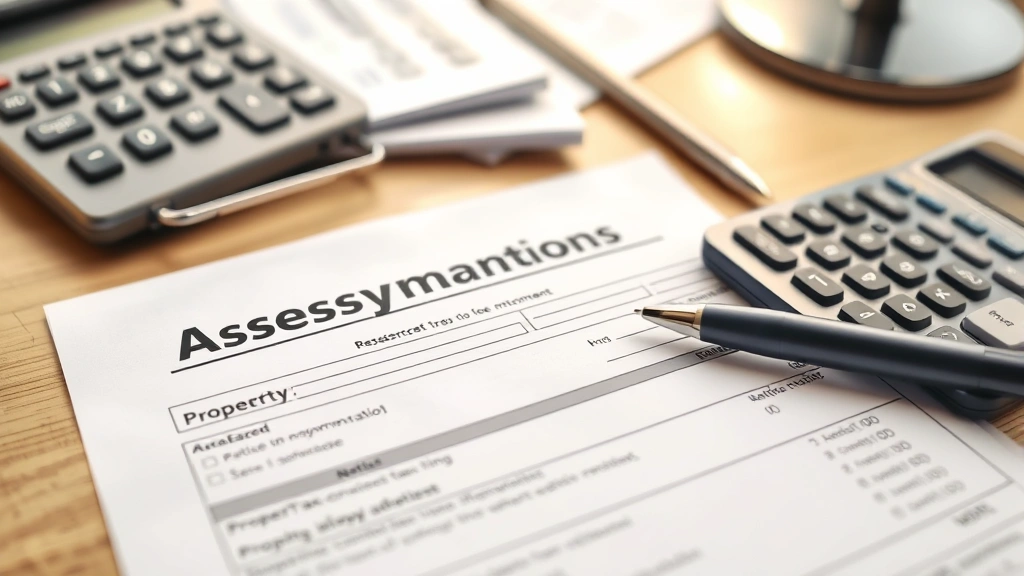 troup county ga tax assessor -
Close-up of property tax assessment notice and calculator on desk with pen, pap
