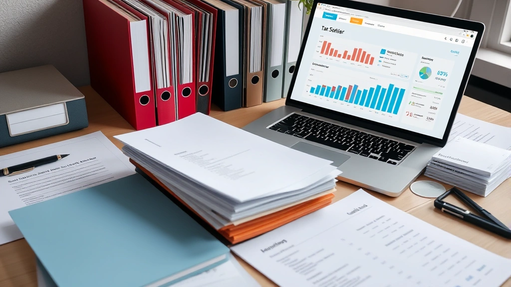 uk tax year - 
Organized file folders and documents spread on desk with laptop showing tax sof