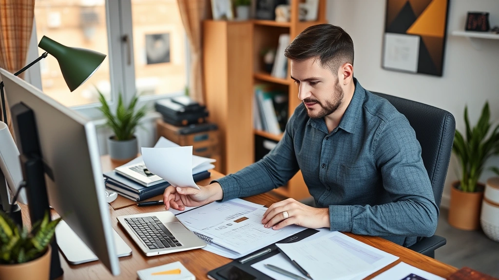 uk tax year - 
Self-employed entrepreneur working at home office with invoices, receipts, and 