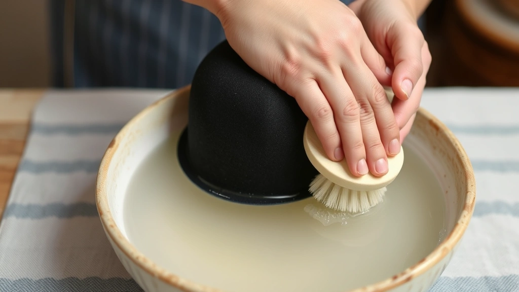 unvaxxed and over taxed hat - 
Hat care demonstration showing gentle hand washing in bowl of water with soft b