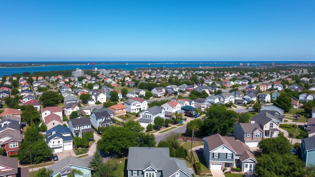 vb property tax - 
Aerial view of a residential neighborhood in Virginia Beach with diverse homes,