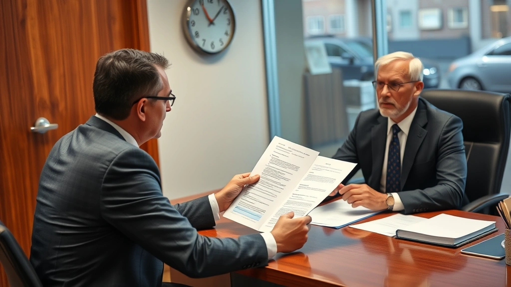 vb property tax - 
Businessman presenting appeal documents to an assessor at a government office d
