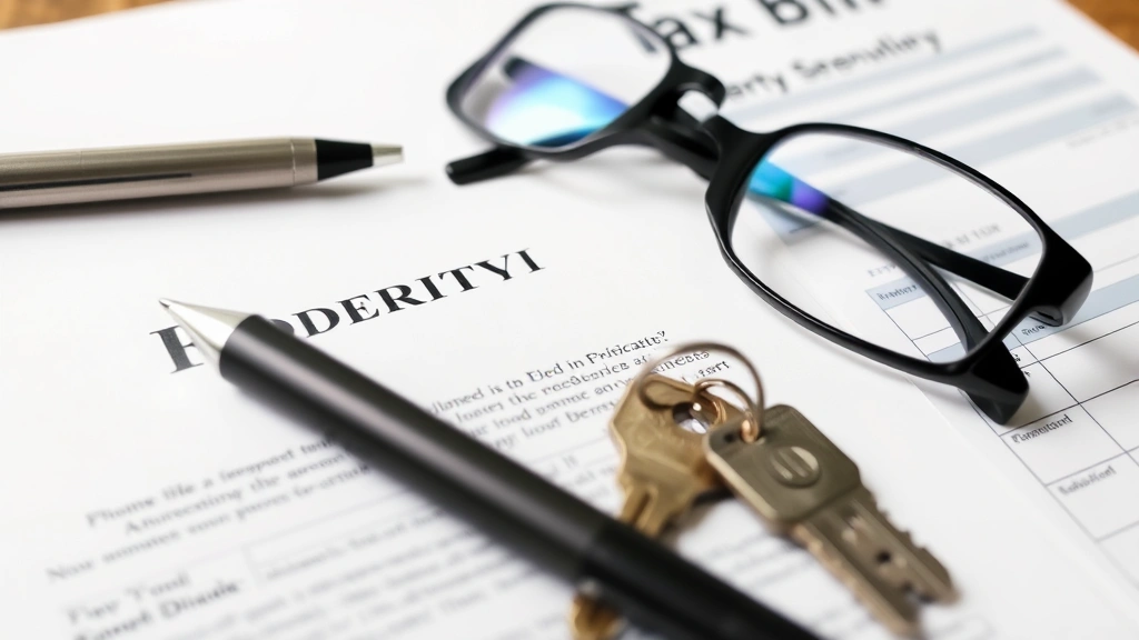 ventura county real estate taxes - 
Close-up of property deed and tax bill paperwork spread on wooden table with pe