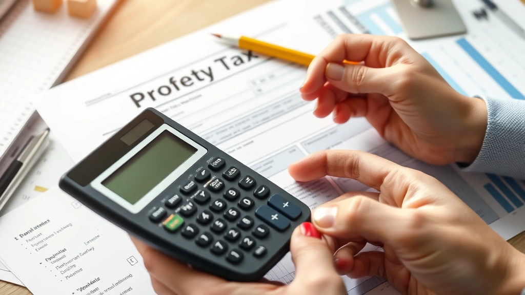 ventura county real estate taxes - 
Hands holding calculator and property tax notice form with pencil, financial pl