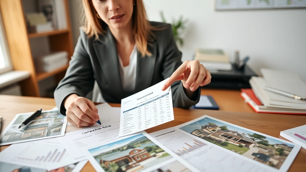 vermont property tax -
Professional woman pointing at property assessment card on desk with comparable
