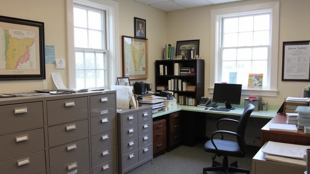 vermont property tax -
Town assessor’s office interior with filing cabinets, computer, and Vermo