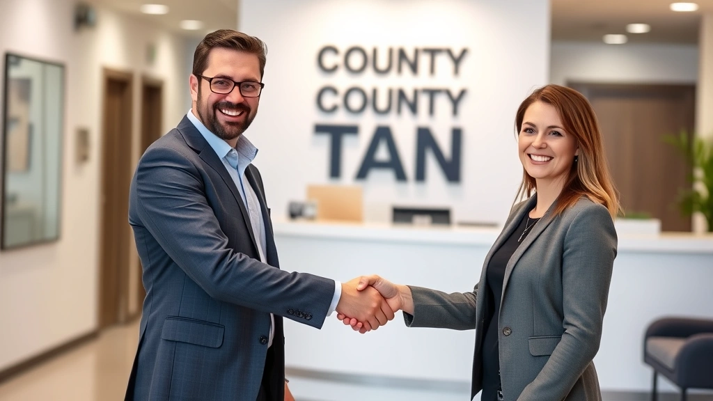 victoria county tax office -
Confident man and woman shaking hands in county tax office reception area with