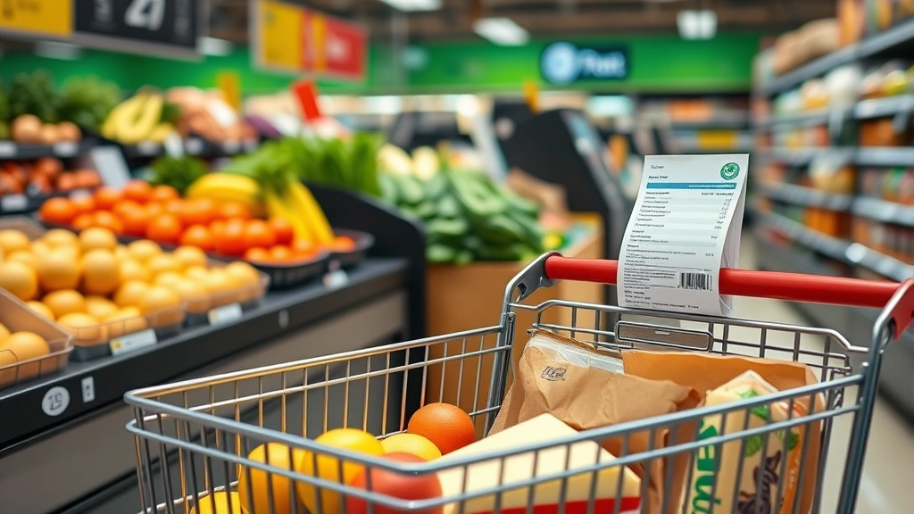 virginia sales tax on food -
Close-up of grocery store checkout counter with shopping cart full of fresh pro