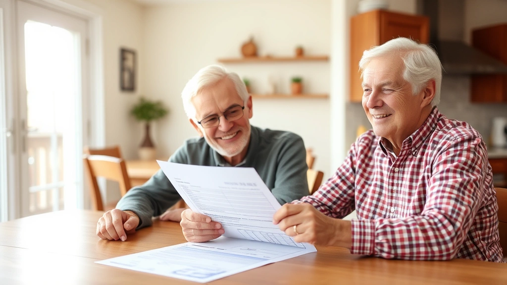 volusia county property tax - 
Senior couple smiling while reviewing tax exemption paperwork at kitchen table,