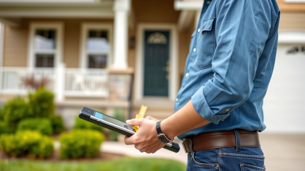 volusia county property tax - 
Property appraiser measuring home exterior with digital tools, clipboard visibl