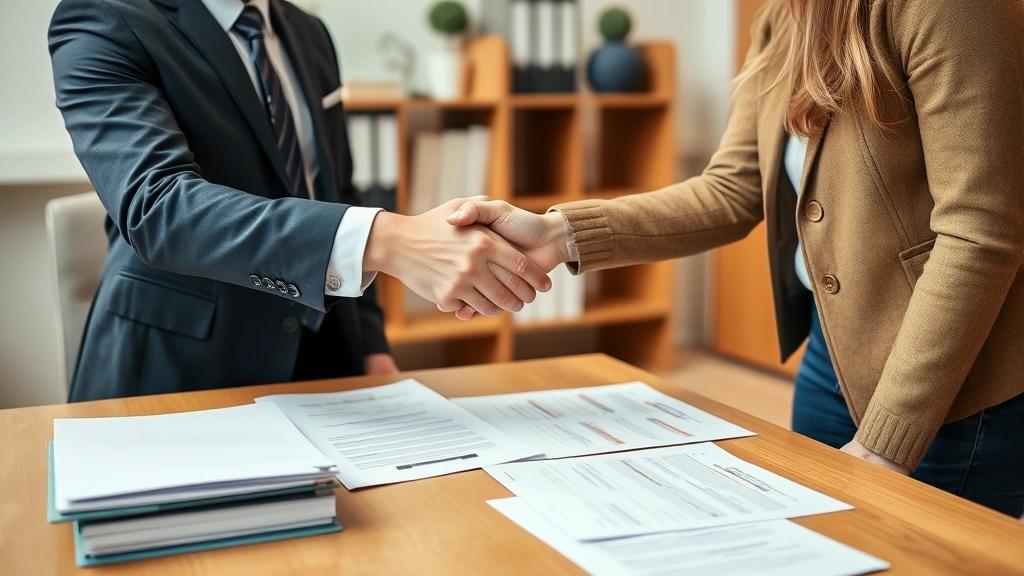 volusia county property tax - 
Tax professional and homeowner shaking hands in office, documents and folders o