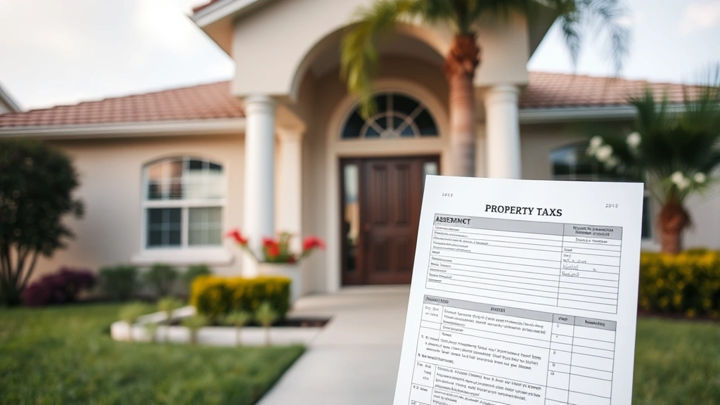 volusia county real estate taxes -
Florida residential home exterior with property tax notice and assessment paper