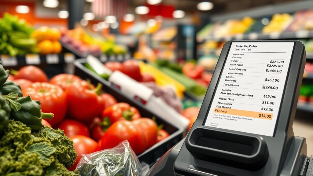 vt sales tax -
Close-up of grocery store checkout counter with fresh produce and receipt showi