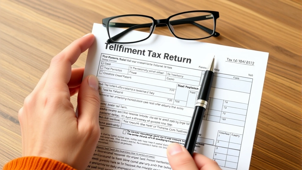 vt state tax refund status -
Close-up of hands holding Vermont tax return form with pen and reading glasses