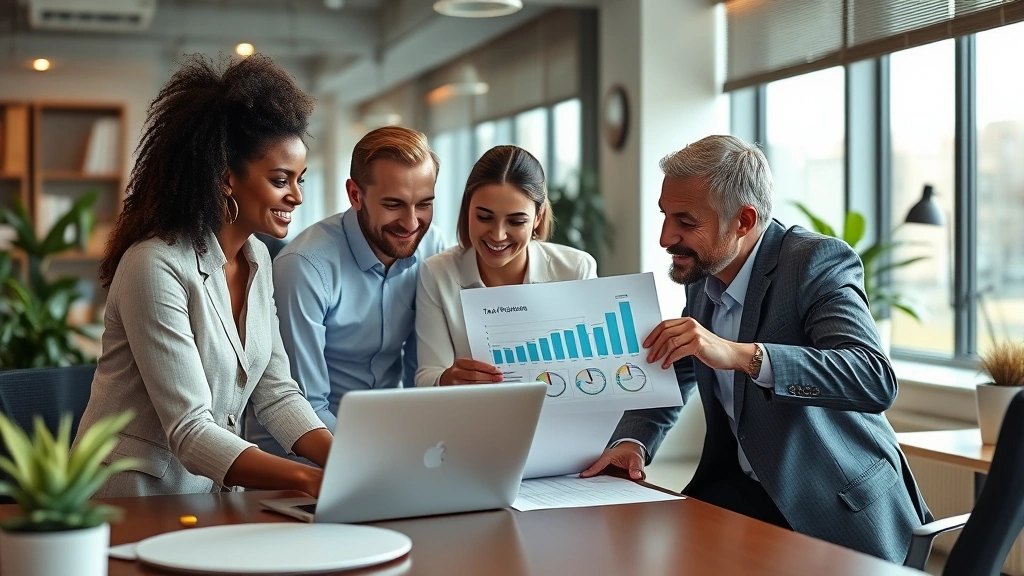 vt state tax refund status -
Diverse professional team in office discussing tax refund strategy with laptop
