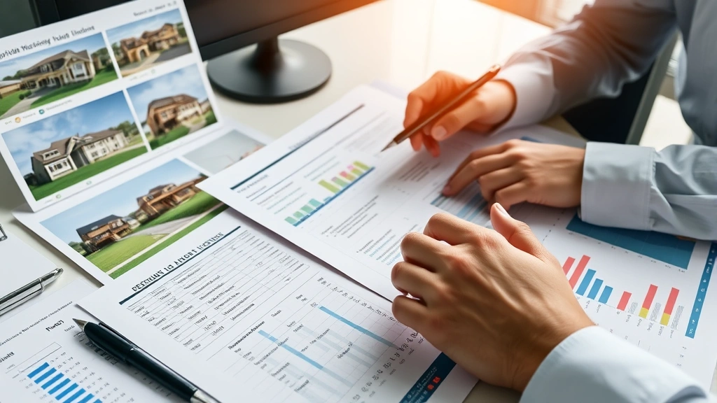 wake county real estate tax records -
Investor reviewing multiple property listings and tax records on desk with spre