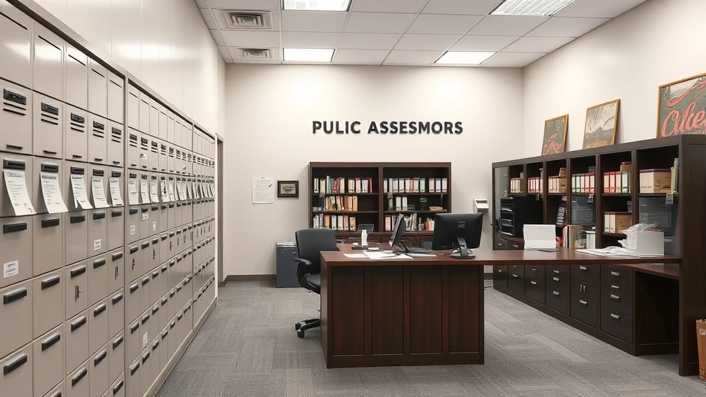 walworth county tax records -
Modern county assessor’s office interior with organized filing cabinets a