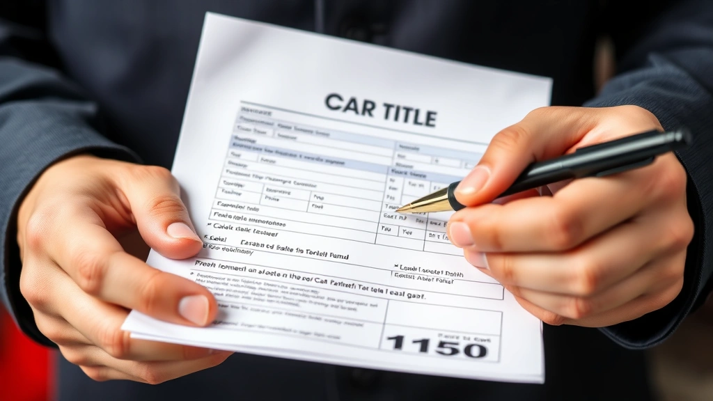 waterbury car taxes - 
Close-up of hands holding car title and tax bill documents with pen for signing