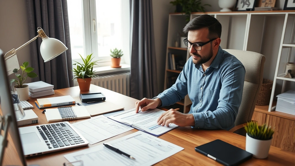 waukesha county tax - 
Business owner reviewing quarterly tax forms and payment schedule at home offic