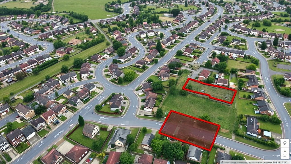 wayne county property tax search - 
Aerial view of suburban neighborhood with houses and property boundaries highli