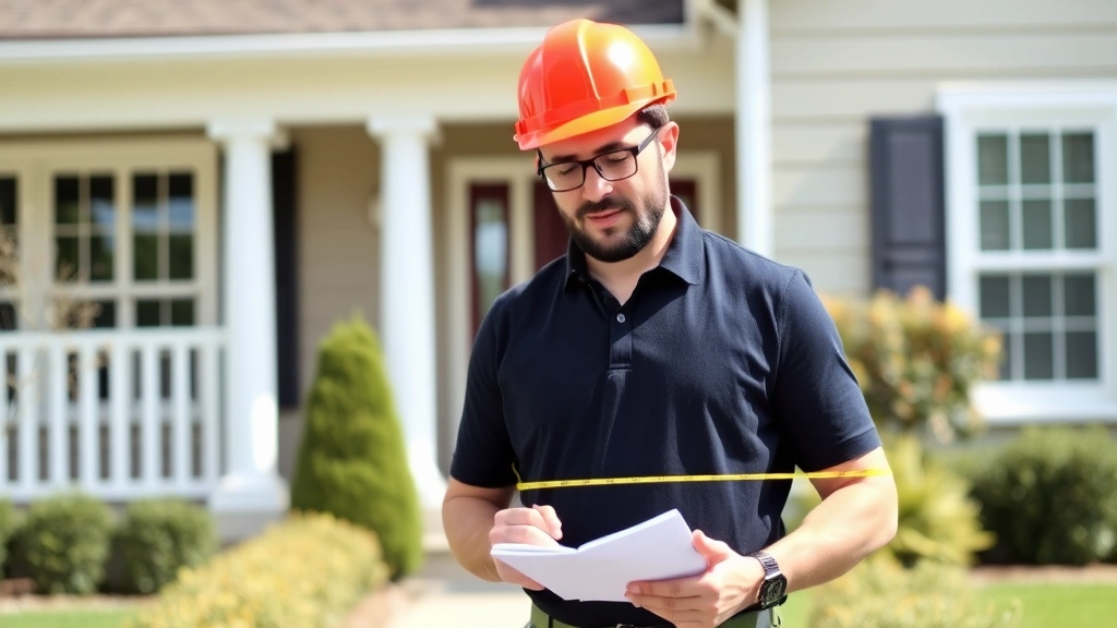 wayne county property tax search - 
Male real estate appraiser in hard hat and polo shirt taking measurements and n