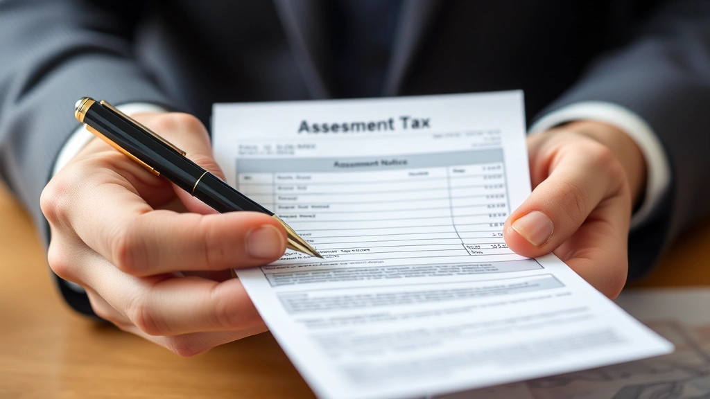 wayne county tax - 
Close-up of hands holding property tax bill and assessment notice with pen
