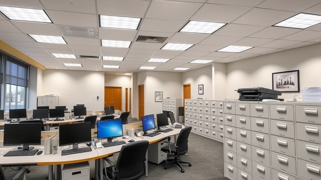 wayne county tax - 
Modern county assessor’s office interior with computer workstations and f