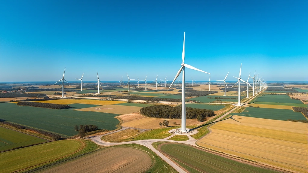 what is production tax credit - 
Wide aerial view of large-scale wind turbine farm in rural landscape with clear